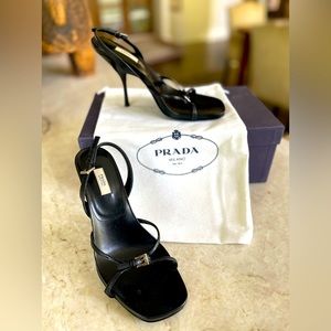 Prada black strappy stiletto’s with box toe and silver tone buckles, Size 36 / 6